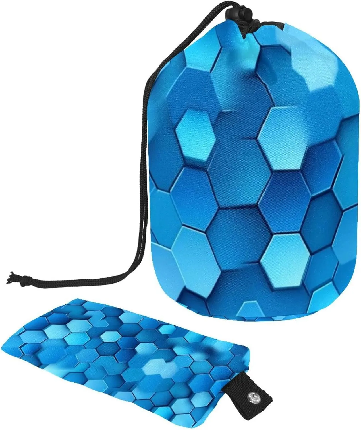 Drawstring Travel Cosmetic Bags Barrel Makeup Bag, Hexagon Geometric Texture Blue 36 Large Toiletry Organizer Waterproof for Women
