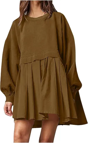 Dresses for Women 2024 Casual Fall Long Sleeve Patchwork Sweatshirt Dress Loose Flowy Swing Mini Dress Preppy Clothes