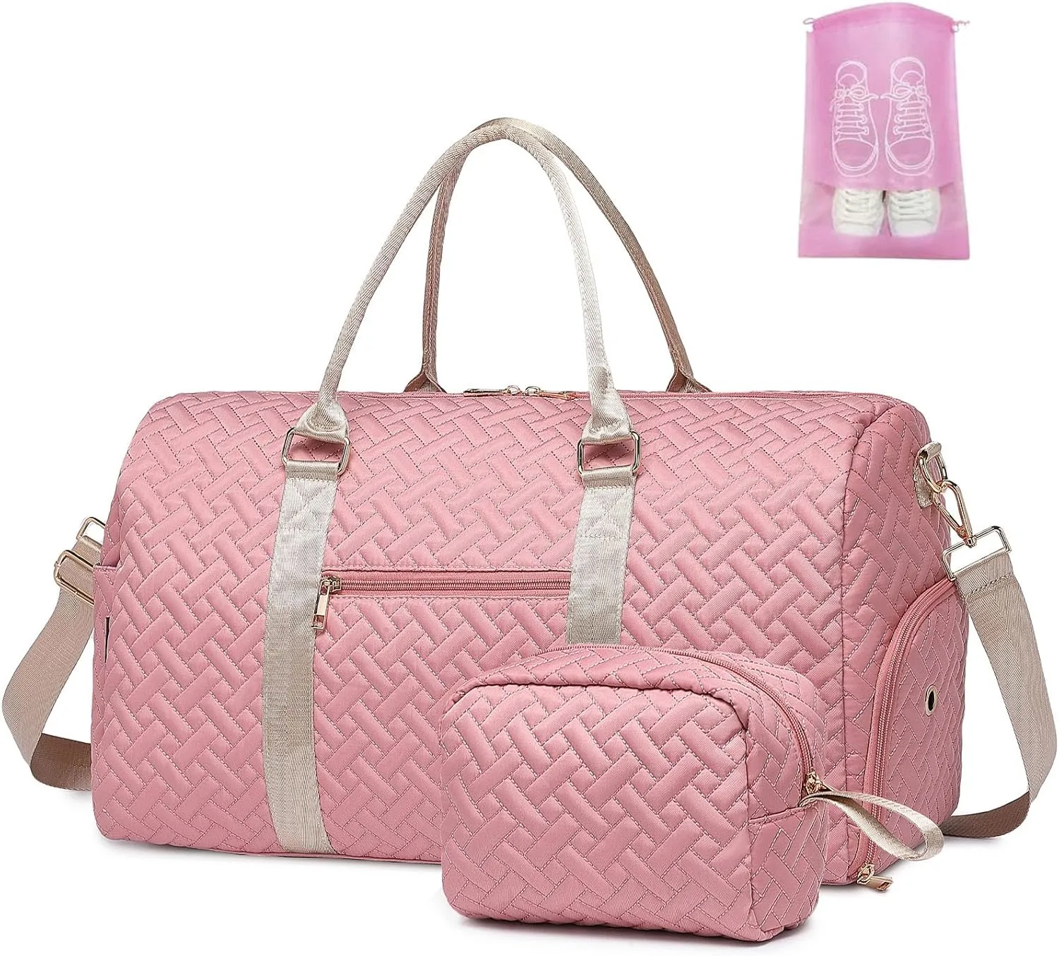 Duffle Bag for Travel, Weekender Bag with Shoe Compartment, Carry On Overnight Bag for Women with Toiletry Bag, Gym Bag with Wet Pocket, Hospital Bags for Labor and Delivery Beige