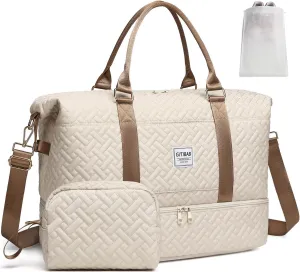 Duffle Bags for women,50L Quilted Travel Weekender Bag with Shoe Compartment, Large Carry On Overnight Tote Gym Bag