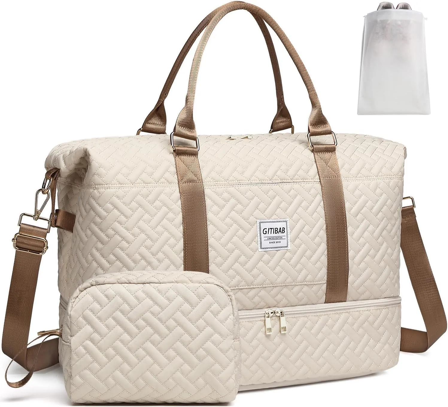 Duffle Bags for women,50L Quilted Travel Weekender Bag with Shoe Compartment, Large Carry On Overnight Tote Gym Bag