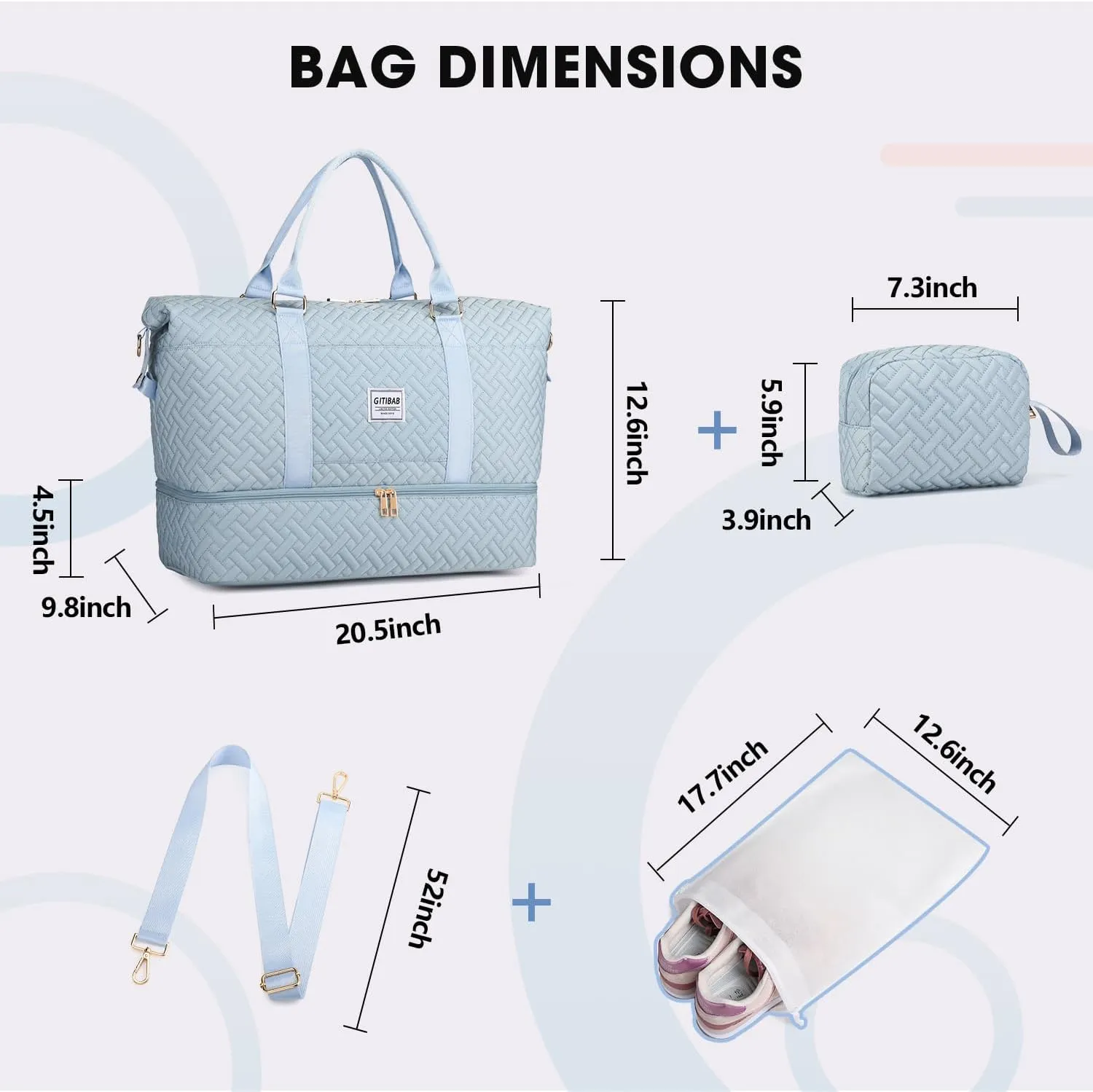Duffle Bags for women,50L Quilted Travel Weekender Bag with Shoe Compartment, Large Carry On Overnight Tote Gym Bag