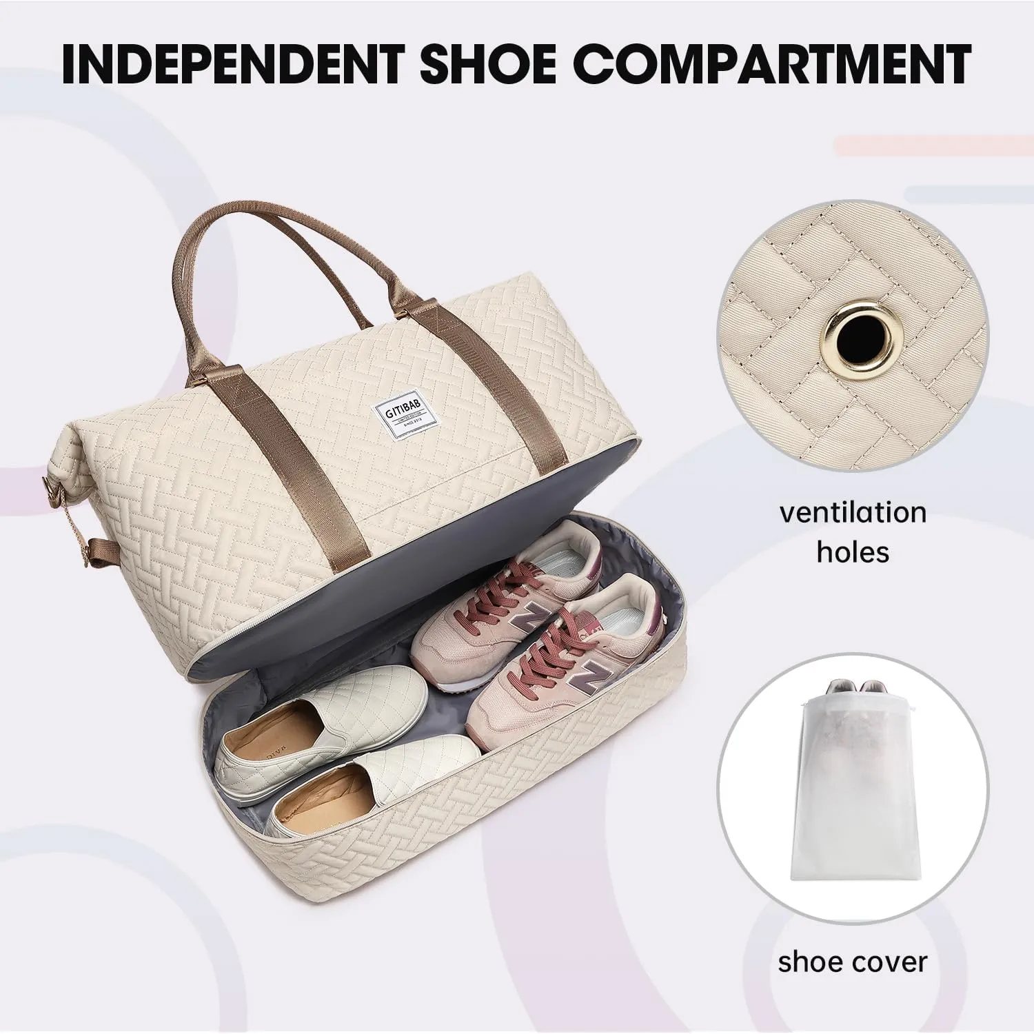 Duffle Bags for women,50L Quilted Travel Weekender Bag with Shoe Compartment, Large Carry On Overnight Tote Gym Bag