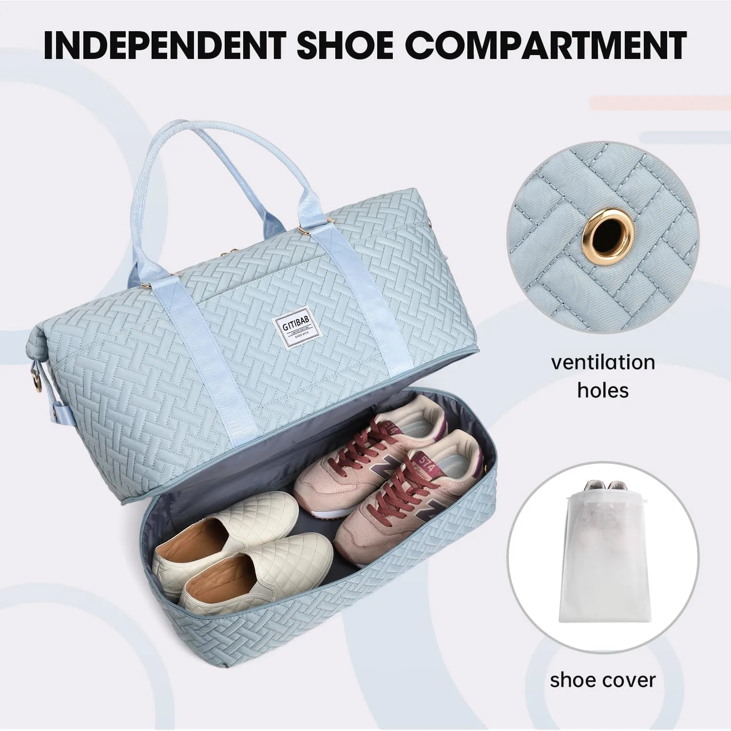 Duffle Bags for women,50L Quilted Travel Weekender Bag with Shoe Compartment, Large Carry On Overnight Tote Gym Bag