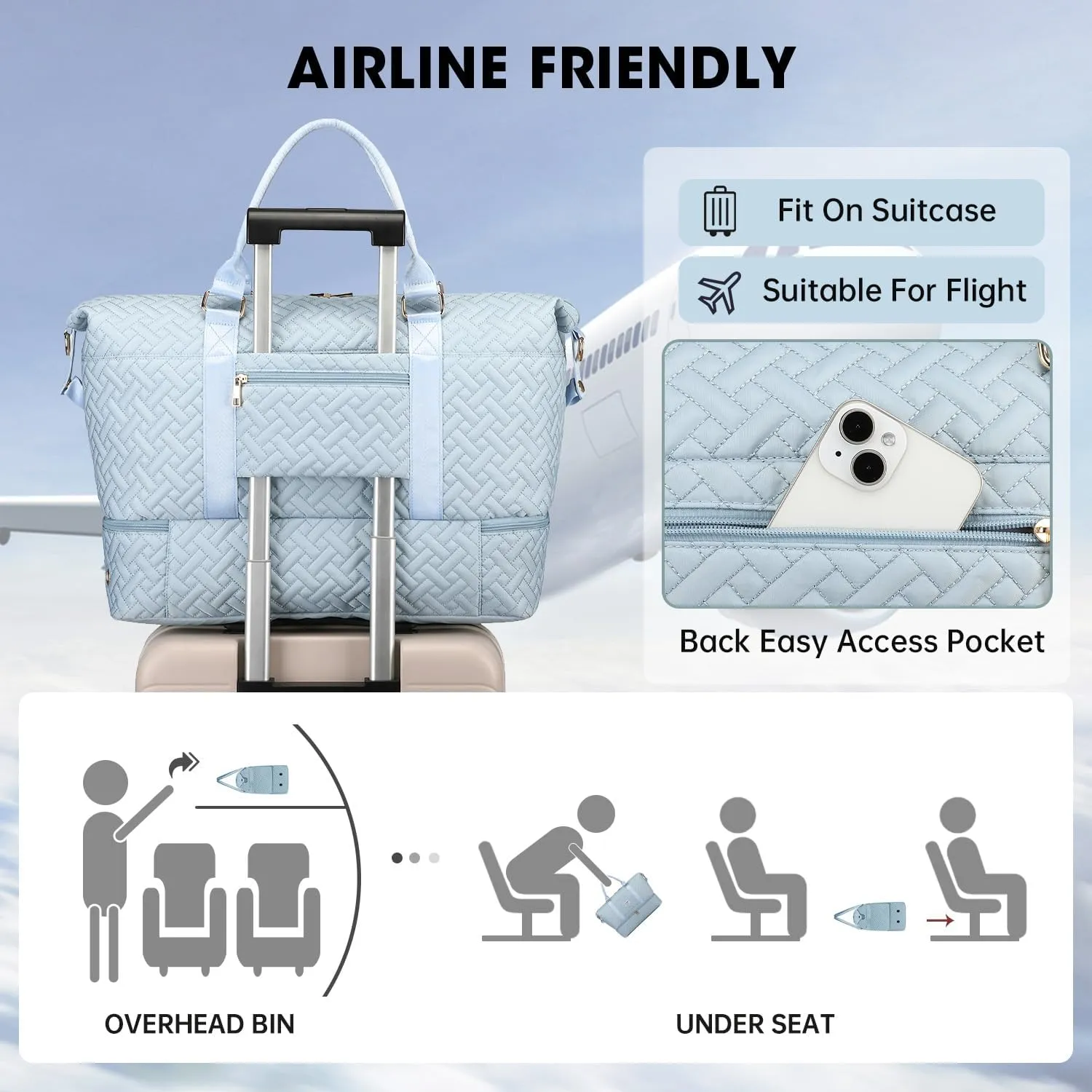 Duffle Bags for women,50L Quilted Travel Weekender Bag with Shoe Compartment, Large Carry On Overnight Tote Gym Bag