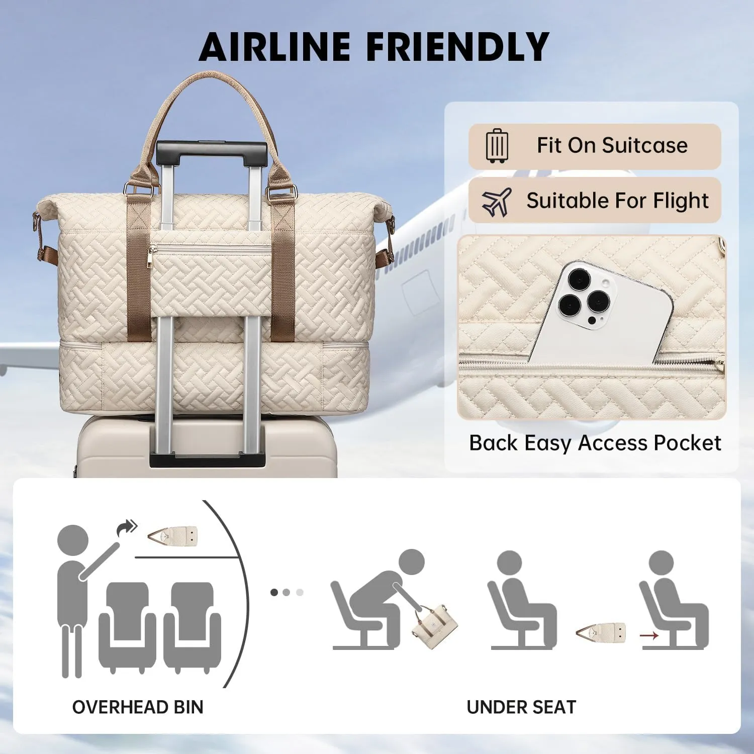 Duffle Bags for women,50L Quilted Travel Weekender Bag with Shoe Compartment, Large Carry On Overnight Tote Gym Bag
