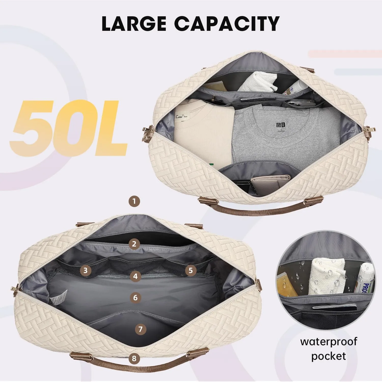 Duffle Bags for women,50L Quilted Travel Weekender Bag with Shoe Compartment, Large Carry On Overnight Tote Gym Bag