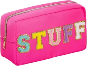 DUPER Nylon Preppy Makeup Bag Organizer with Chenille Letter Patch, Skin Care Travel Toiletry Bags for Teen Girls (Pink)