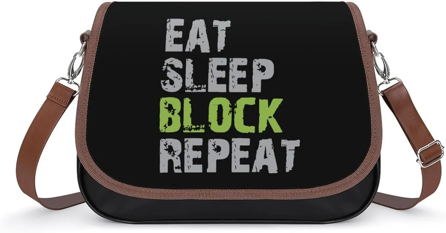 Eat Sleep Block Repeat Classic Crossbody Bags Purses for Women Leather Shoulder Handbags with Adjustable Strap