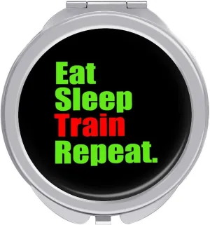 Eat Train Sleep Repeat Travel Makeup Mirror 2" Portable Round Folding Vanity Mirrors for Handbag Pocket Wallet