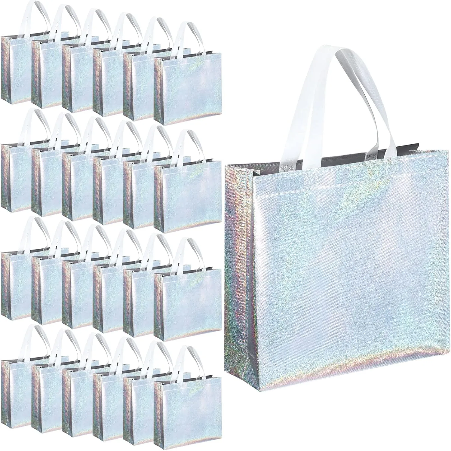 Eccliy 60 Pcs Reusable Gift Tote Bags Grocery Shopping Bag with Handles Thank You Gift Bags for Bridesmaid Wedding(Silver Iridescent)