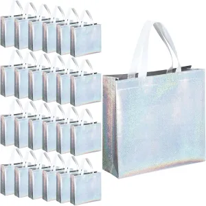 Eccliy 60 Pcs Reusable Gift Tote Bags Grocery Shopping Bag with Handles Thank You Gift Bags for Bridesmaid Wedding(Silver Iridescent)