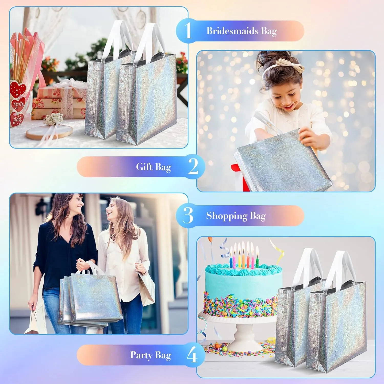 Eccliy 60 Pcs Reusable Gift Tote Bags Grocery Shopping Bag with Handles Thank You Gift Bags for Bridesmaid Wedding(Silver Iridescent)