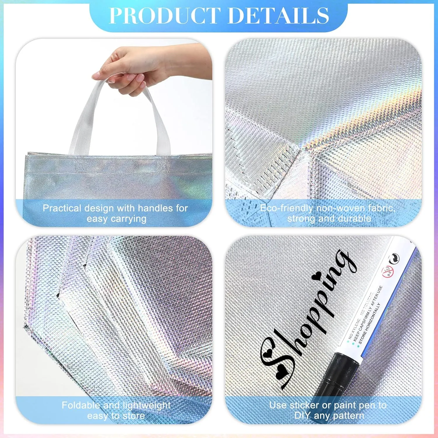 Eccliy 60 Pcs Reusable Gift Tote Bags Grocery Shopping Bag with Handles Thank You Gift Bags for Bridesmaid Wedding(Silver Iridescent)