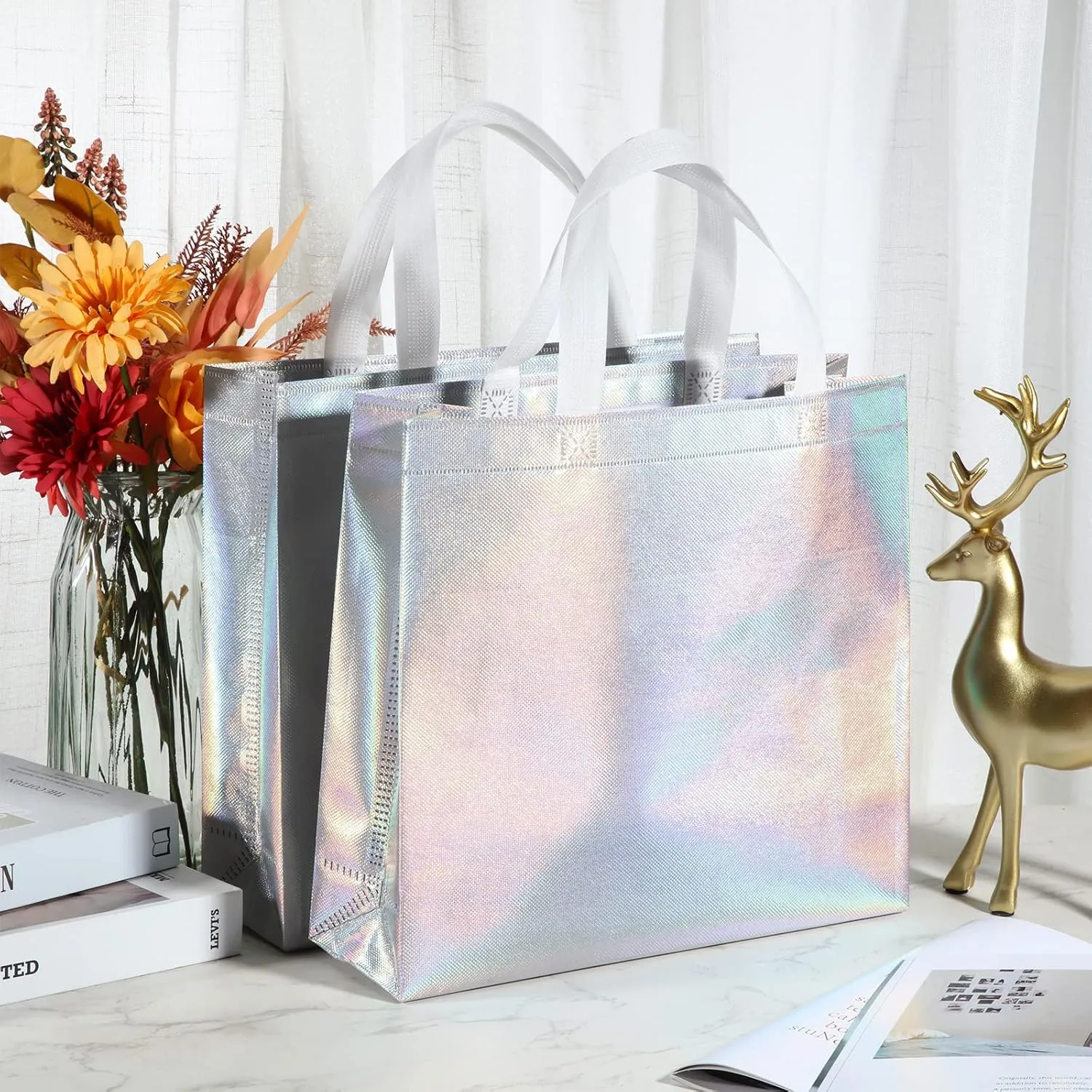 Eccliy 60 Pcs Reusable Gift Tote Bags Grocery Shopping Bag with Handles Thank You Gift Bags for Bridesmaid Wedding(Silver Iridescent)