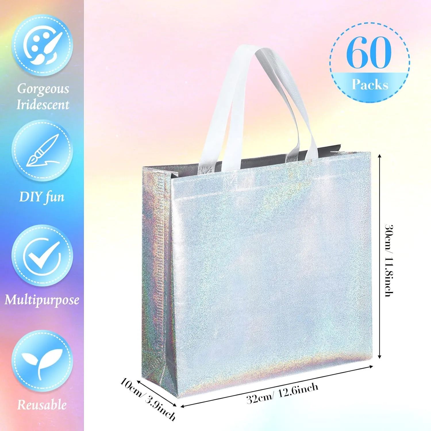 Eccliy 60 Pcs Reusable Gift Tote Bags Grocery Shopping Bag with Handles Thank You Gift Bags for Bridesmaid Wedding(Silver Iridescent)
