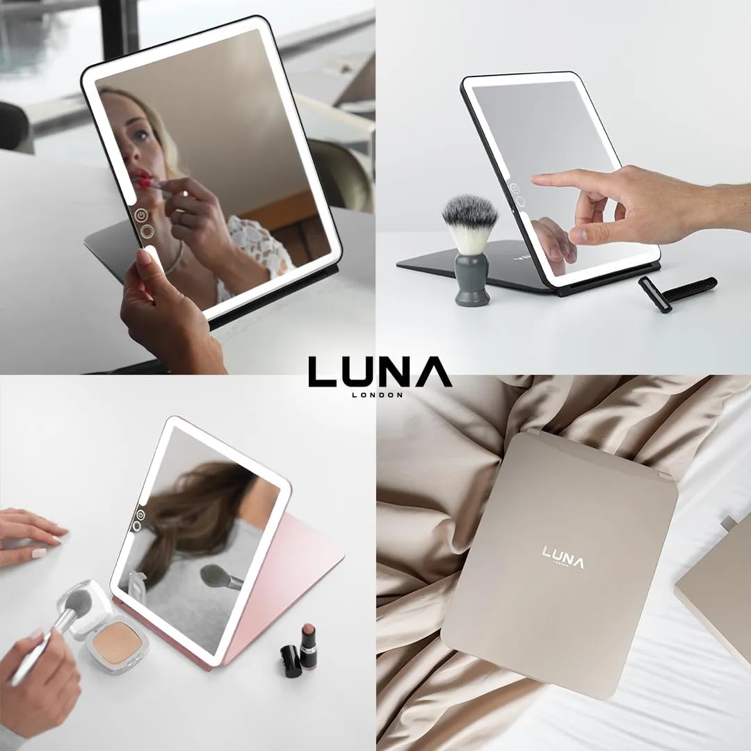 Eclipse LED Lighted Travel Vanity Makeup Mirror | 3 Colour Light, Compact, Portable, Lighted, Rechargeable, Illuminated Mirror | Perfect for Travel, Makeup & Beauty Needs | Soft Stone