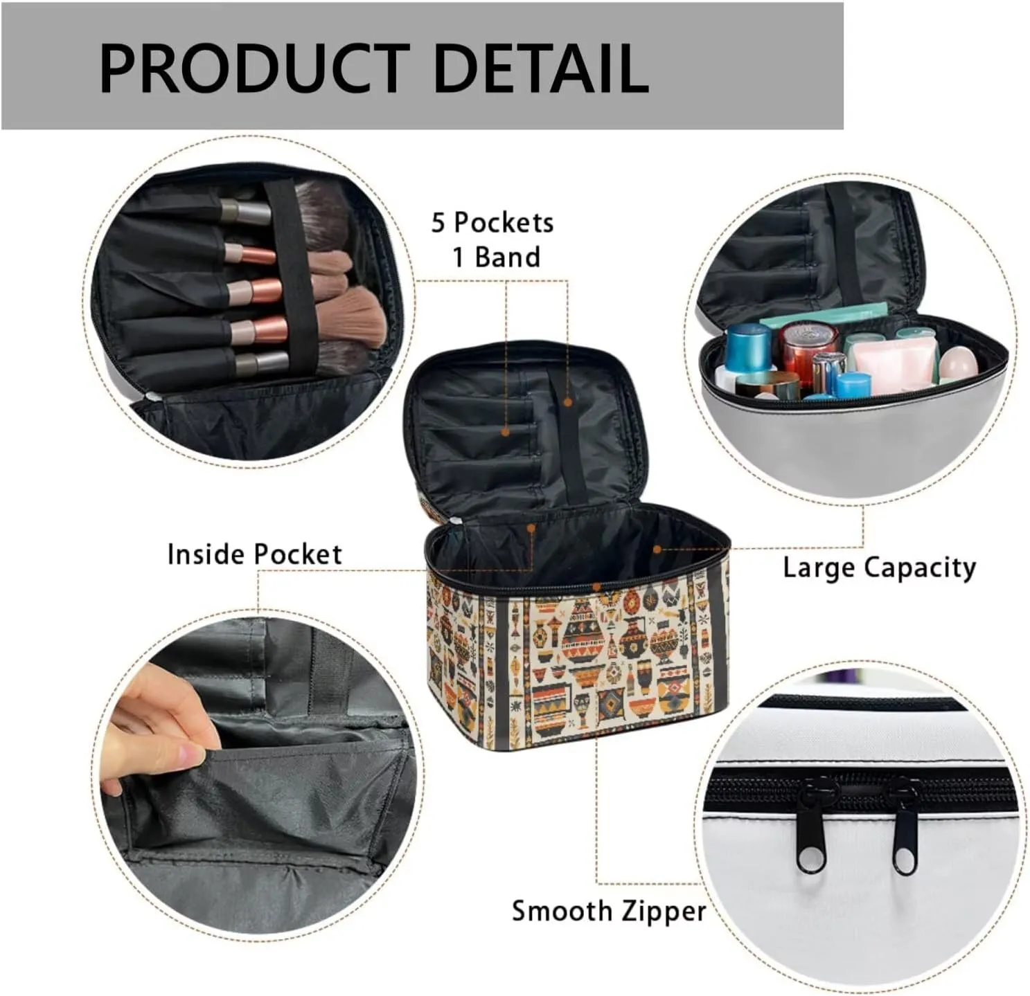 Egypt Art Makeup Bag Small Cosmetic Bags for Women, Antique Egyptian Pottery Pattern Travel Makeup Bag Portable Cosmetic Pouch Dopp Kit with Handle