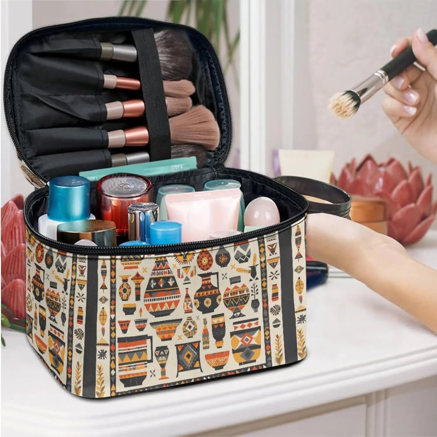 Egypt Art Makeup Bag Small Cosmetic Bags for Women, Antique Egyptian Pottery Pattern Travel Makeup Bag Portable Cosmetic Pouch Dopp Kit with Handle