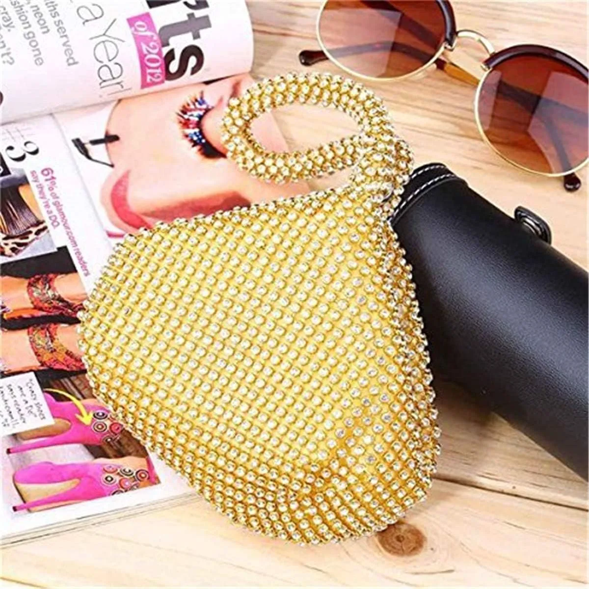 ele ELEOPTION Women Gold Evening Bag Women's Clutch Purse Bag Triangle Full Rhinestones Bags for Party Cocktail Wedding for 6.0inch Android IOS Phones