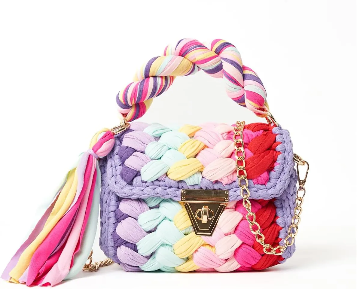 Elegant Handwoven Crochet Tote Bag - Women's Chunky Yarn Shoulder Crossbody Clutch, Multi-color Design (purple-red)