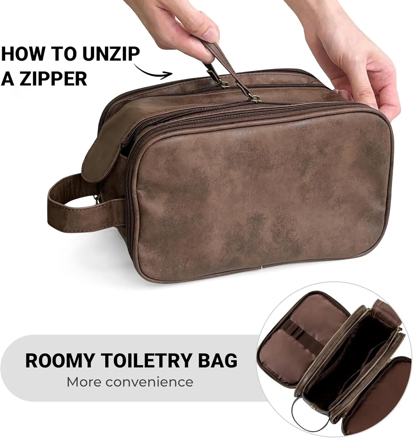 Elviros Toiletry Bag for Men, Large Travel Shaving Dopp Kit Water-resistant Bathroom Toiletries Organizer PU Leather Cosmetic Bags (Medium, Chocolate)