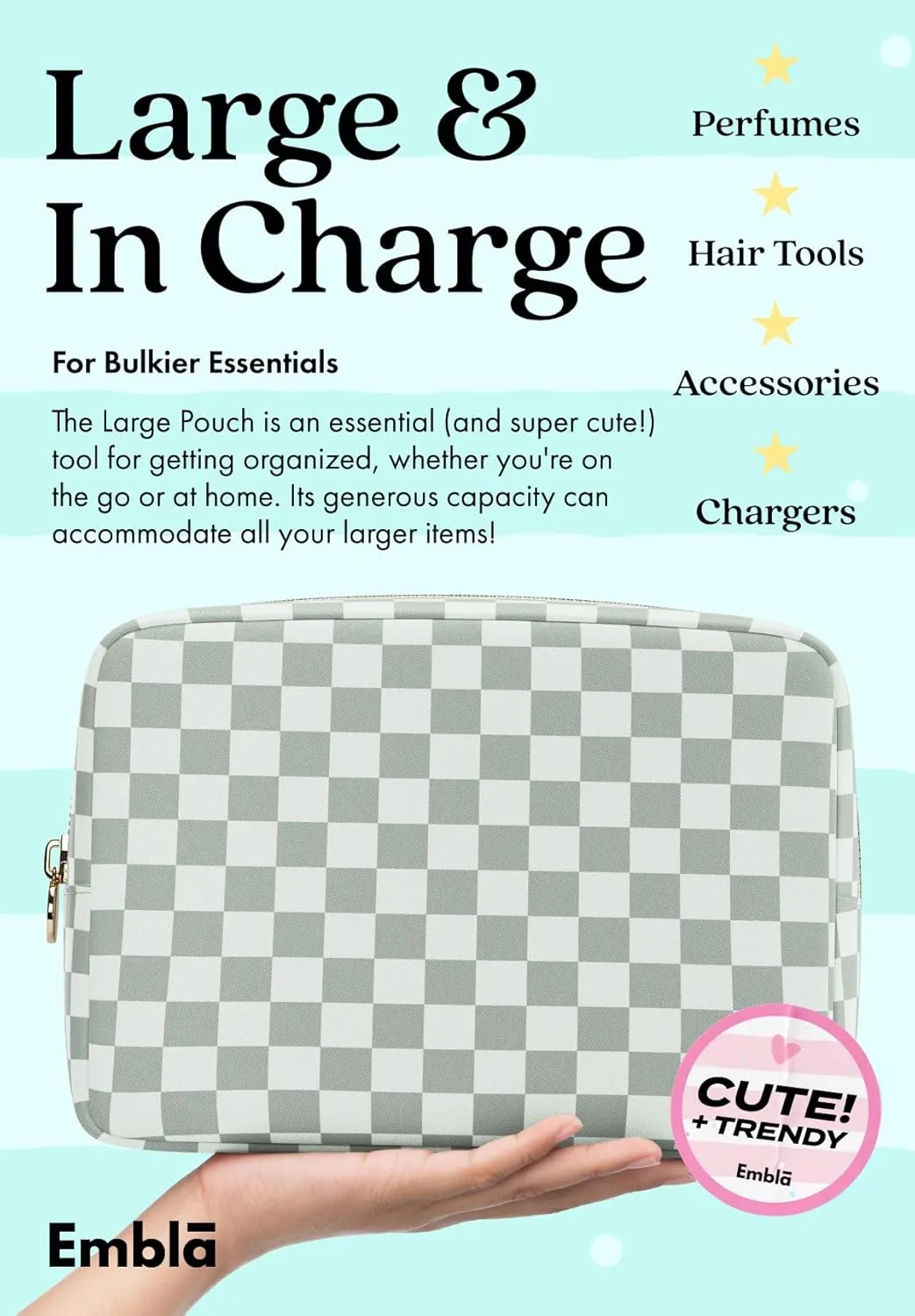 Embla Makeup Bag Travel Cosmetics Pouch and Toiletry Bag, Nylon Zipper Pouch Purse, Cute Make Up Organizer Storage Tote for Women Girls, Travel Skincare Case, Large Makeup Case, Mint Green Checkered