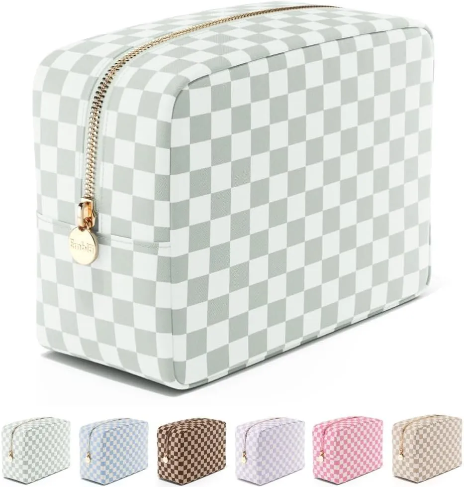 Embla Makeup Bag Travel Cosmetics Pouch and Toiletry Bag, Nylon Zipper Pouch Purse, Cute Make Up Organizer Storage Tote for Women Girls, Travel Skincare Case, Large Makeup Case, Mint Green Checkered