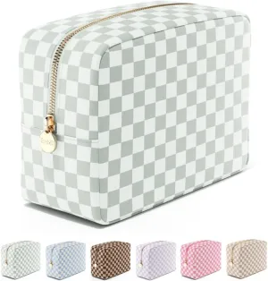 Embla Makeup Bag Travel Cosmetics Pouch and Toiletry Bag, Nylon Zipper Pouch Purse, Cute Make Up Organizer Storage Tote for Women Girls, Travel Skincare Case, Large Makeup Case, Mint Green Checkered