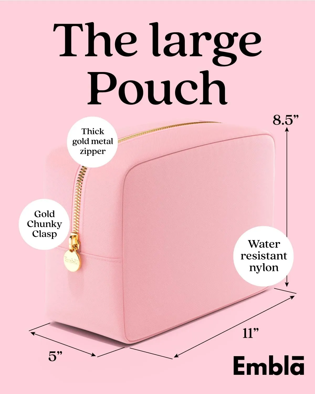 Embla Makeup Bag Travel Cosmetics Pouch and Toiletry Bag, Nylon Zipper Pouch Purse, Cute Make Up Organizer Storage Tote for Women Girls, Waterproof Travel Skincare Case, Large Makeup Bags, Ballet Pink