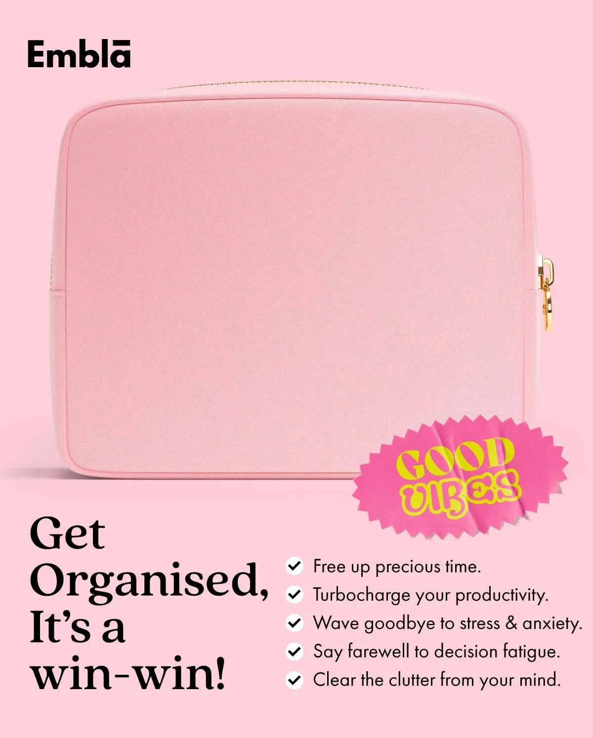 Embla Makeup Bag Travel Cosmetics Pouch and Toiletry Bag, Nylon Zipper Pouch Purse, Cute Make Up Organizer Storage Tote for Women Girls, Waterproof Travel Skincare Case, Large Makeup Bags, Ballet Pink