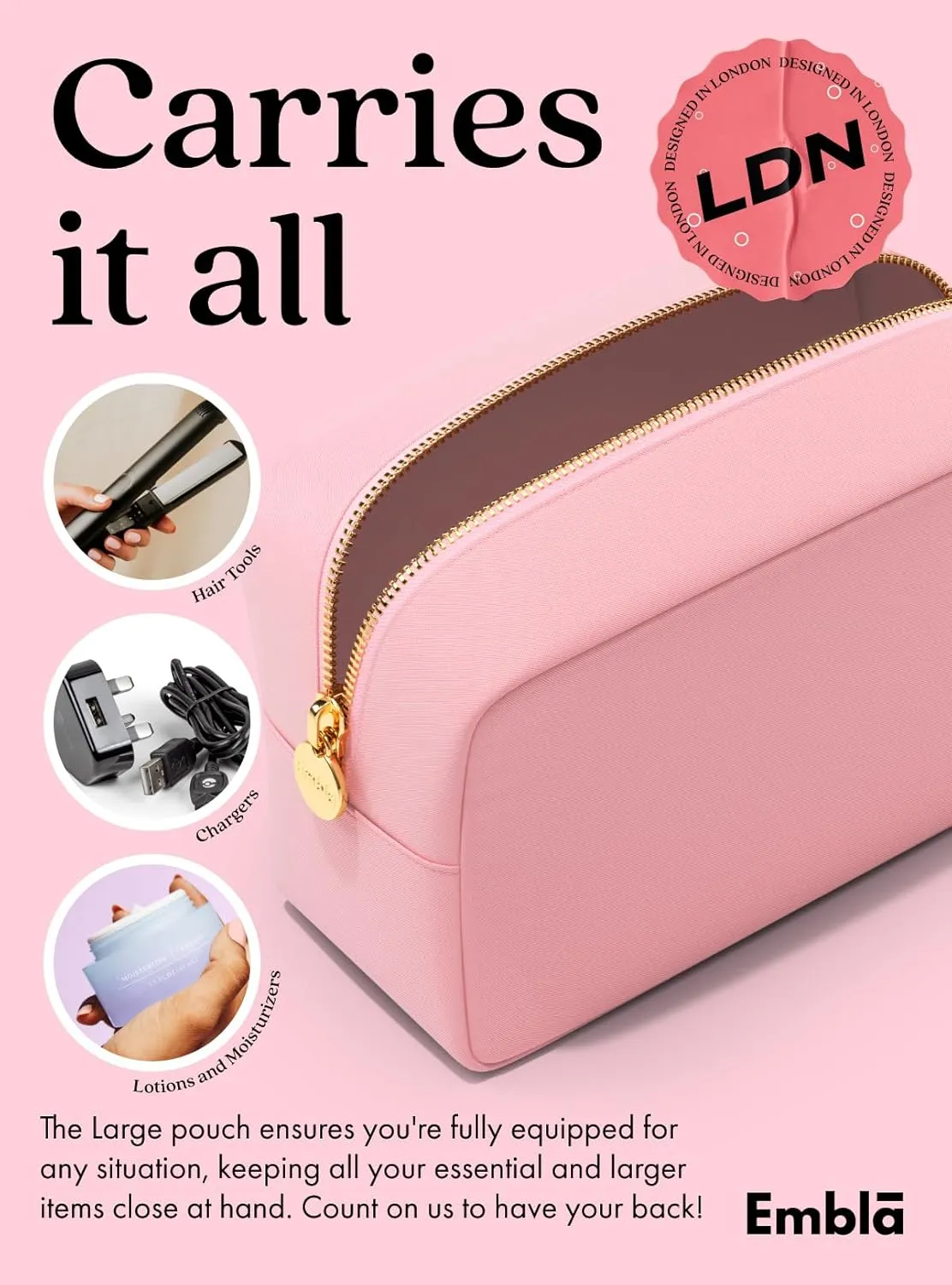 Embla Makeup Bag Travel Cosmetics Pouch and Toiletry Bag, Nylon Zipper Pouch Purse, Cute Make Up Organizer Storage Tote for Women Girls, Waterproof Travel Skincare Case, Large Makeup Bags, Ballet Pink
