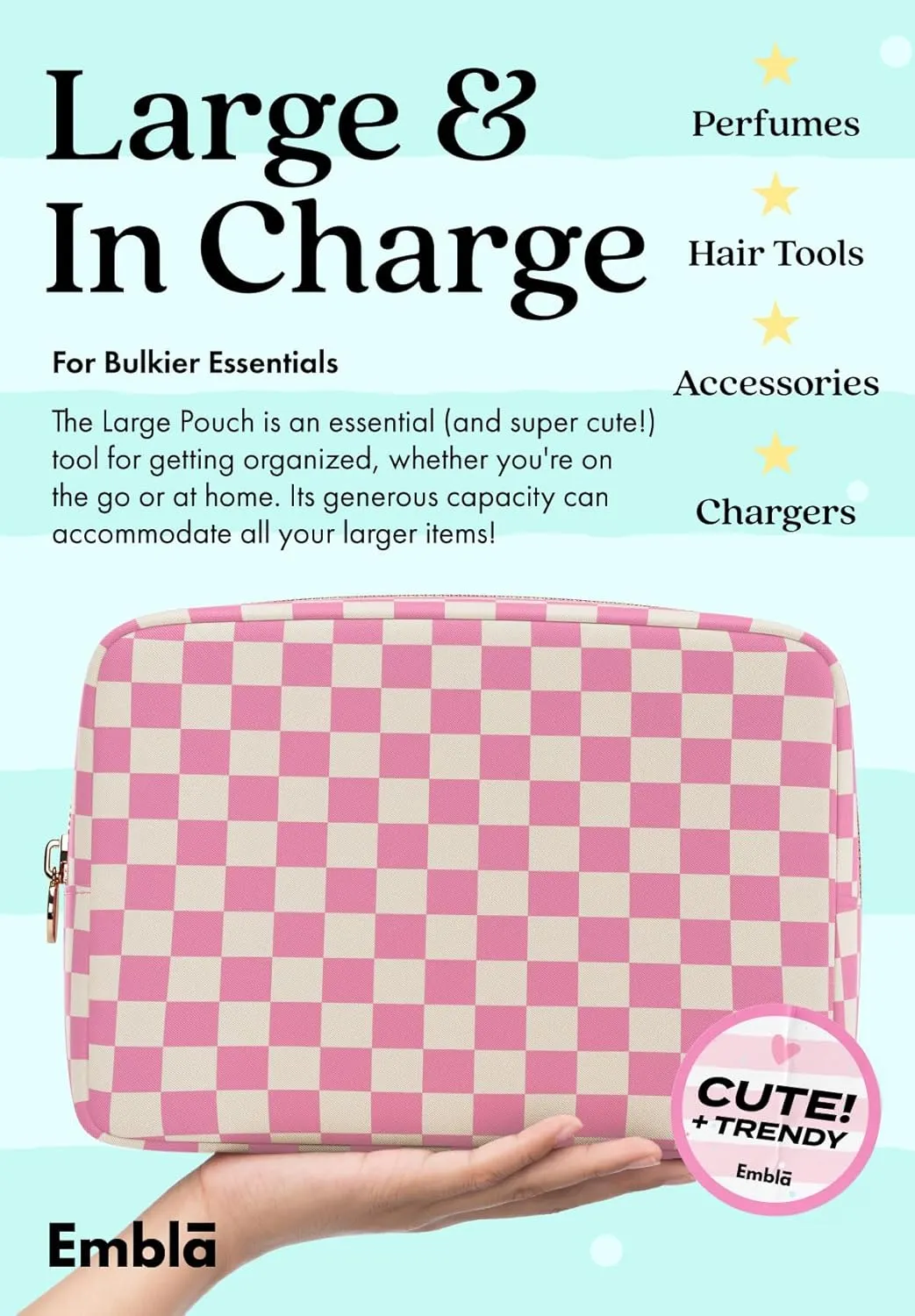 Embla Makeup Bag Travel Cosmetics Pouch and Toiletry Bag, Nylon Zipper Pouch Purse, Cute Make Up Organizer Storage Tote for Women Girls,Travel Skincare Case, Large Makeup Case, Flamingo Checkered