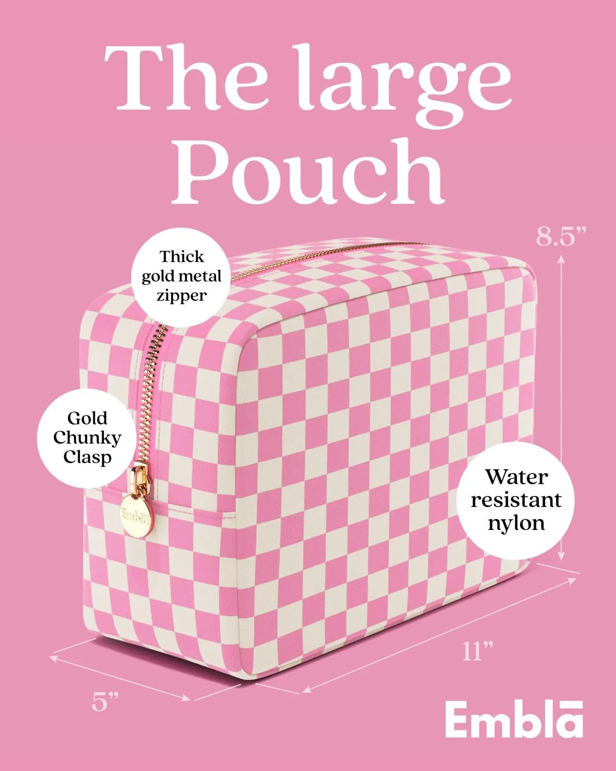 Embla Makeup Bag Travel Cosmetics Pouch and Toiletry Bag, Nylon Zipper Pouch Purse, Cute Make Up Organizer Storage Tote for Women Girls,Travel Skincare Case, Large Makeup Case, Flamingo Checkered