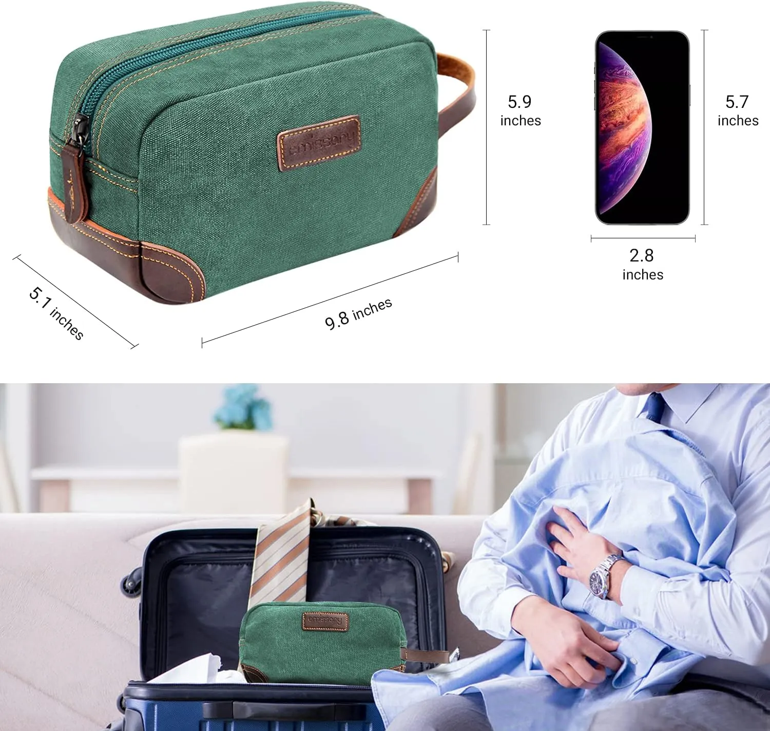 emissary Men's Toiletry Bag, Leather and Canvas Travel Toiletry Bag, Dopp Kit for Men, Travel Bathroom Bag Men's Shaving Kit, Travel Kit Small Bags for Men, Shaving Bag for Travel Accessories (Green)