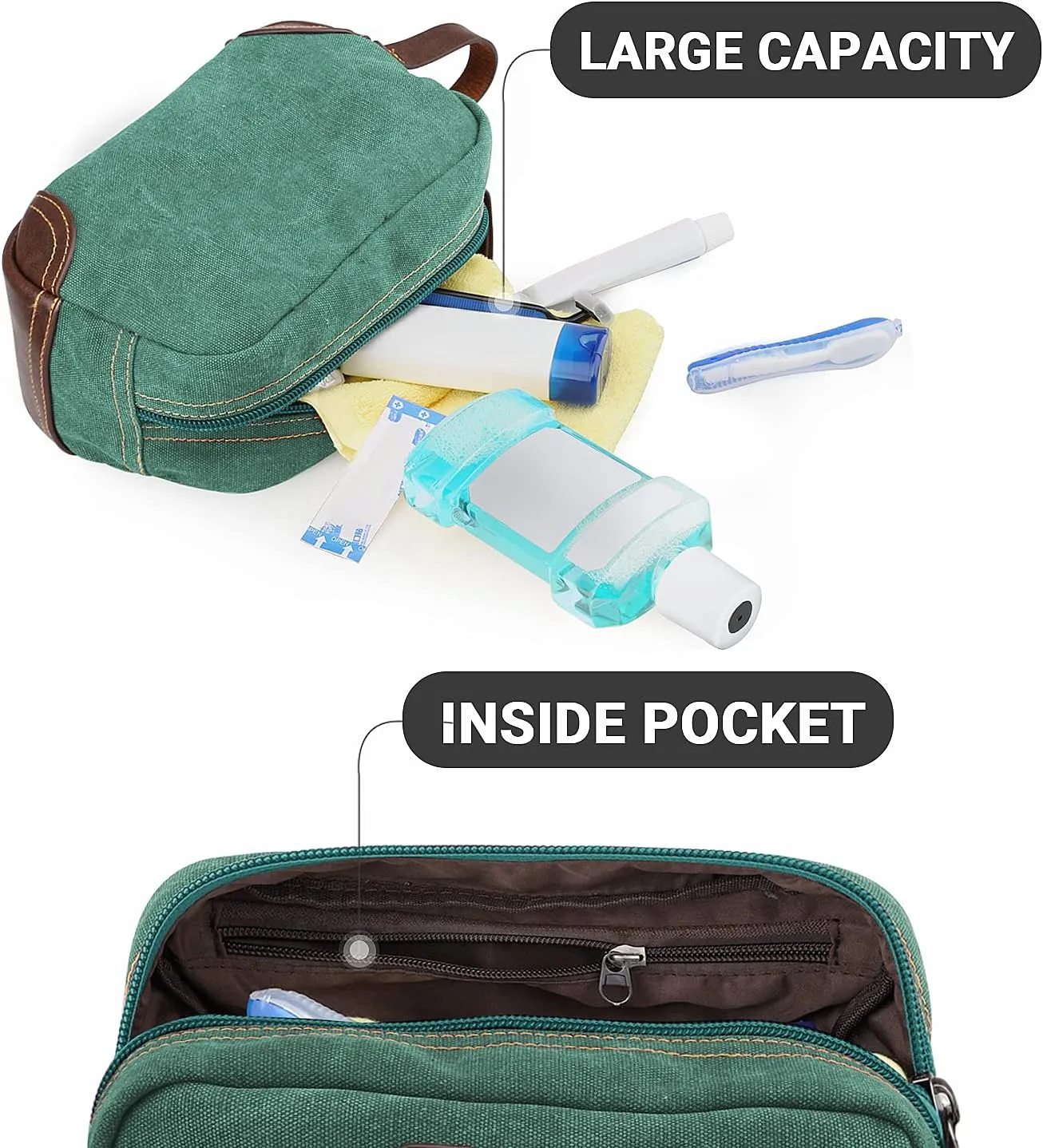 emissary Men's Toiletry Bag, Leather and Canvas Travel Toiletry Bag, Dopp Kit for Men, Travel Bathroom Bag Men's Shaving Kit, Travel Kit Small Bags for Men, Shaving Bag for Travel Accessories (Green)