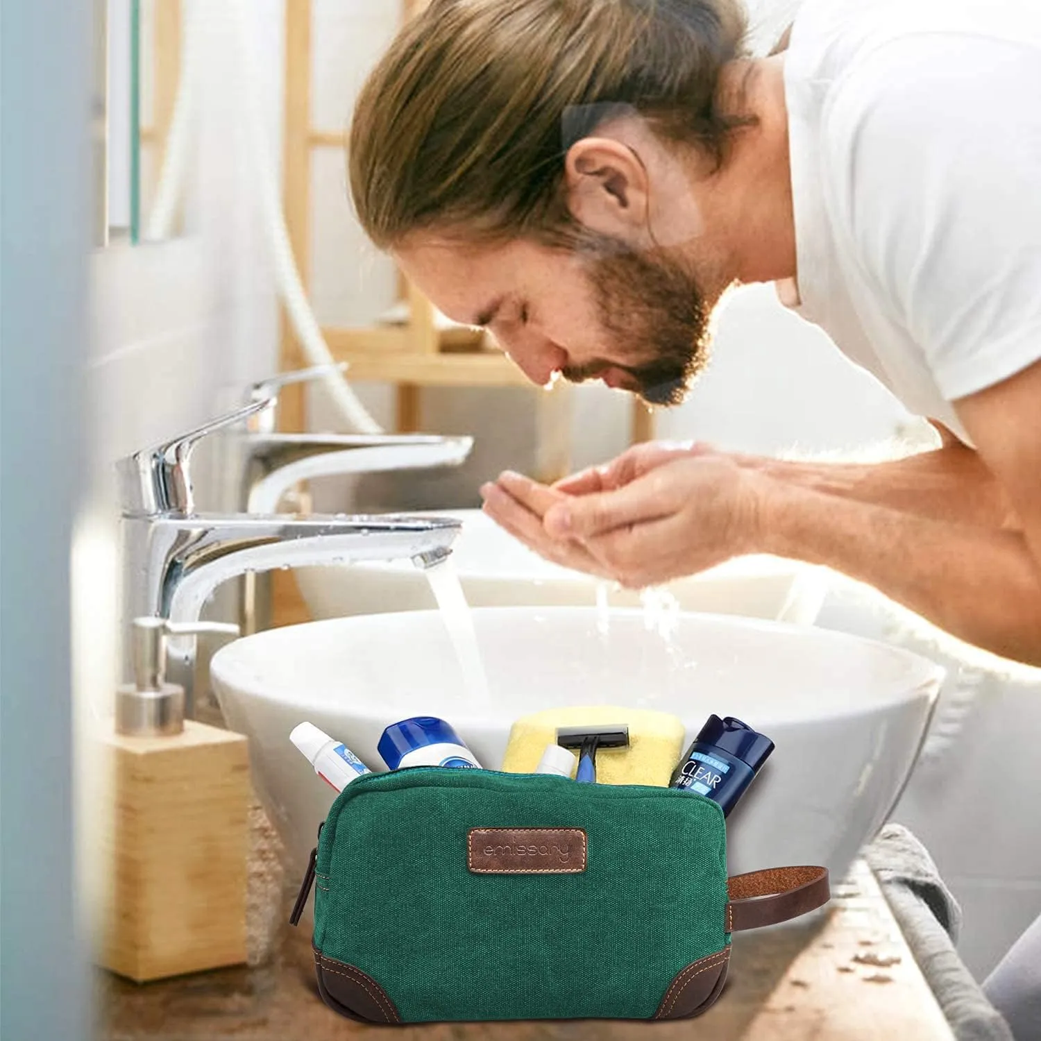 emissary Men's Toiletry Bag, Leather and Canvas Travel Toiletry Bag, Dopp Kit for Men, Travel Bathroom Bag Men's Shaving Kit, Travel Kit Small Bags for Men, Shaving Bag for Travel Accessories (Green)