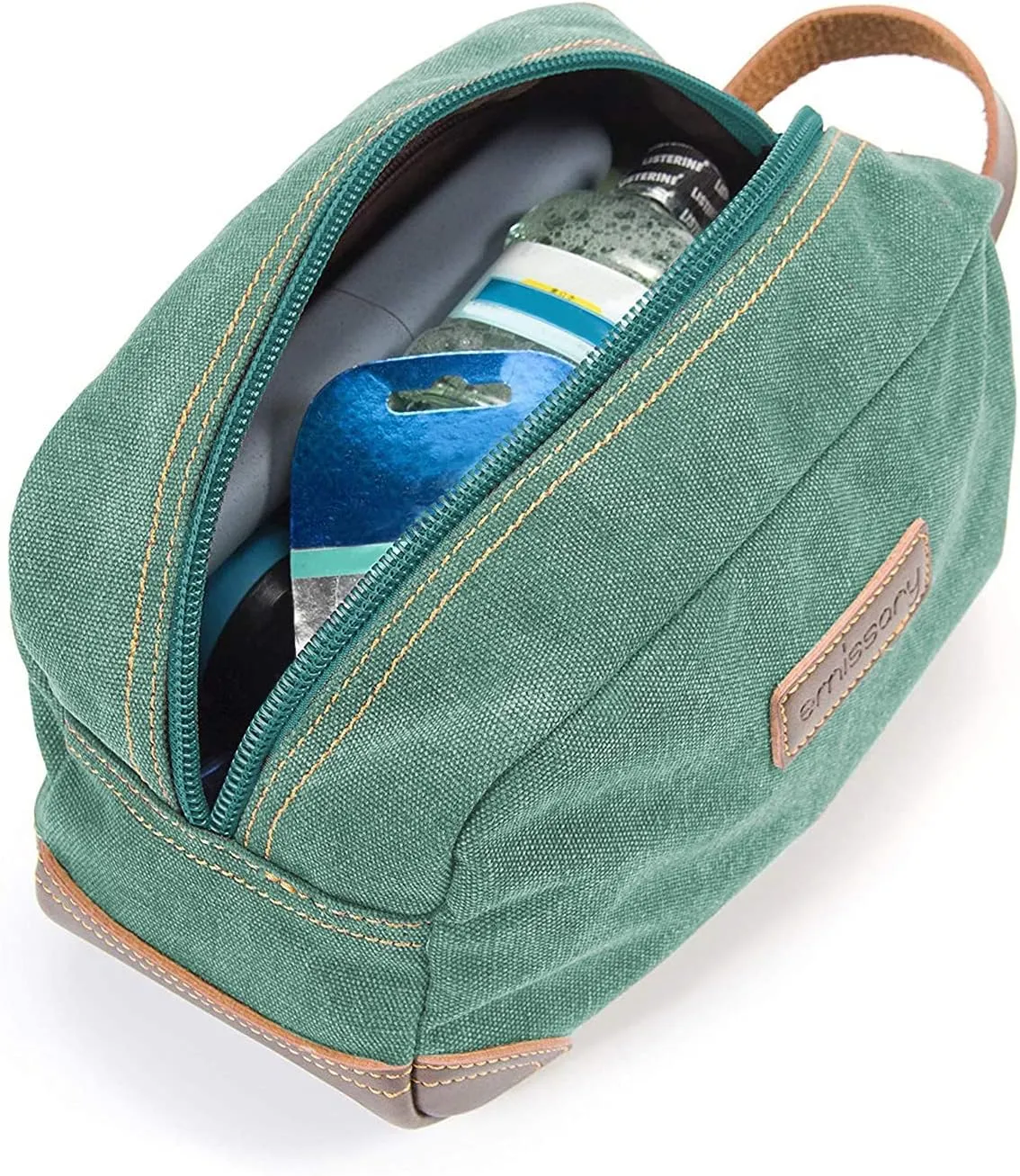 emissary Men's Toiletry Bag, Leather and Canvas Travel Toiletry Bag, Dopp Kit for Men, Travel Bathroom Bag Men's Shaving Kit, Travel Kit Small Bags for Men, Shaving Bag for Travel Accessories (Green)