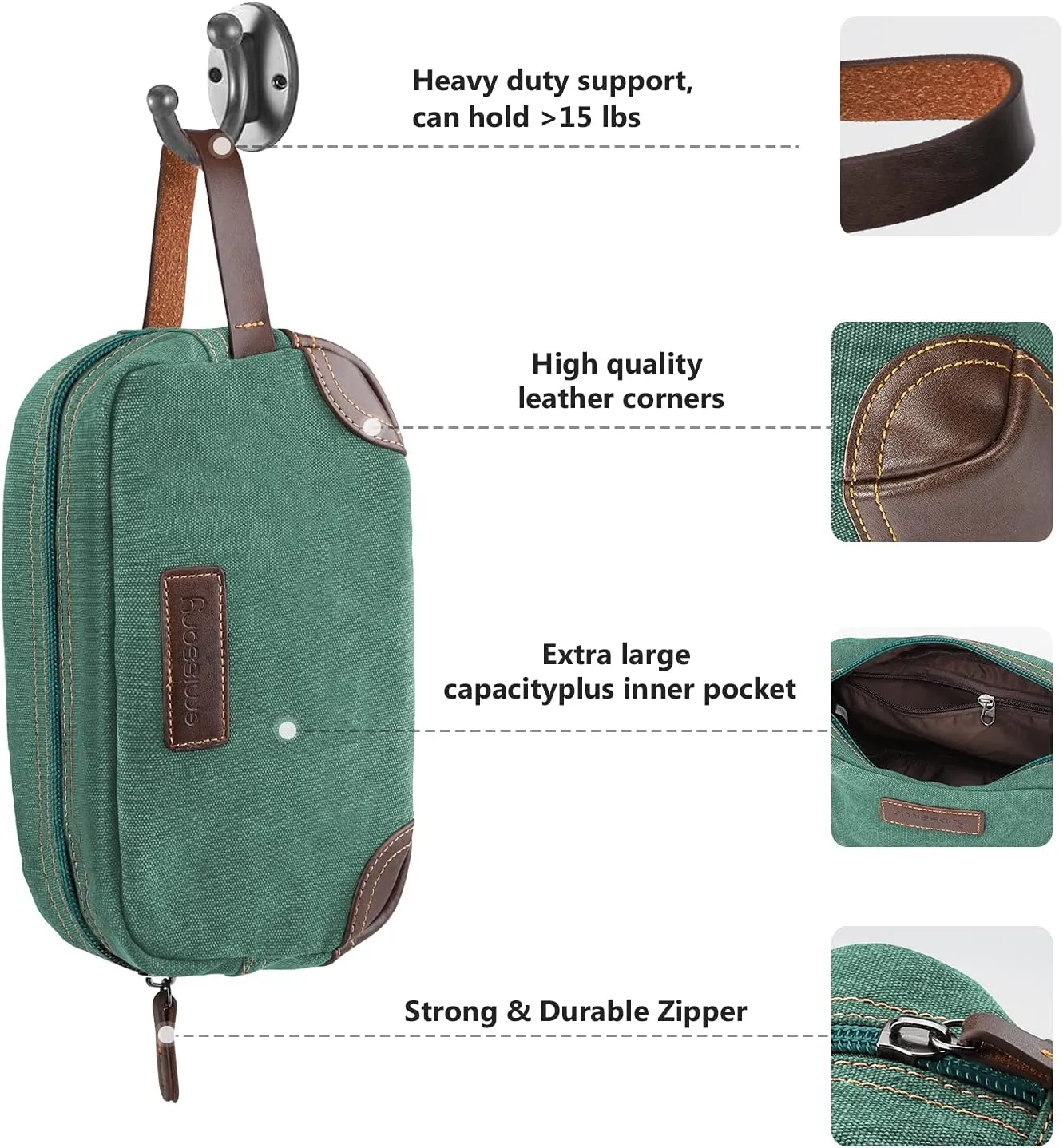emissary Men's Toiletry Bag, Leather and Canvas Travel Toiletry Bag, Dopp Kit for Men, Travel Bathroom Bag Men's Shaving Kit, Travel Kit Small Bags for Men, Shaving Bag for Travel Accessories (Green)