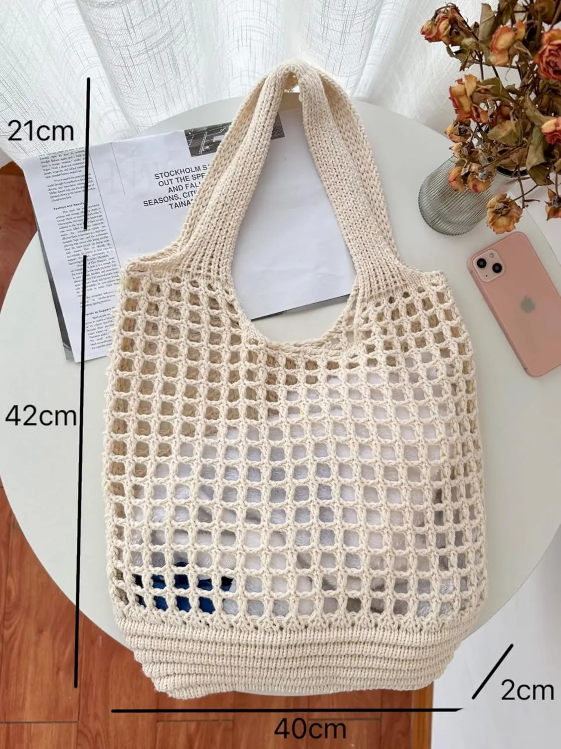 ENBEI Crochet Beach Bag - Women's Knit Shoulder Bags for Travel - Cute, Handmade Tote