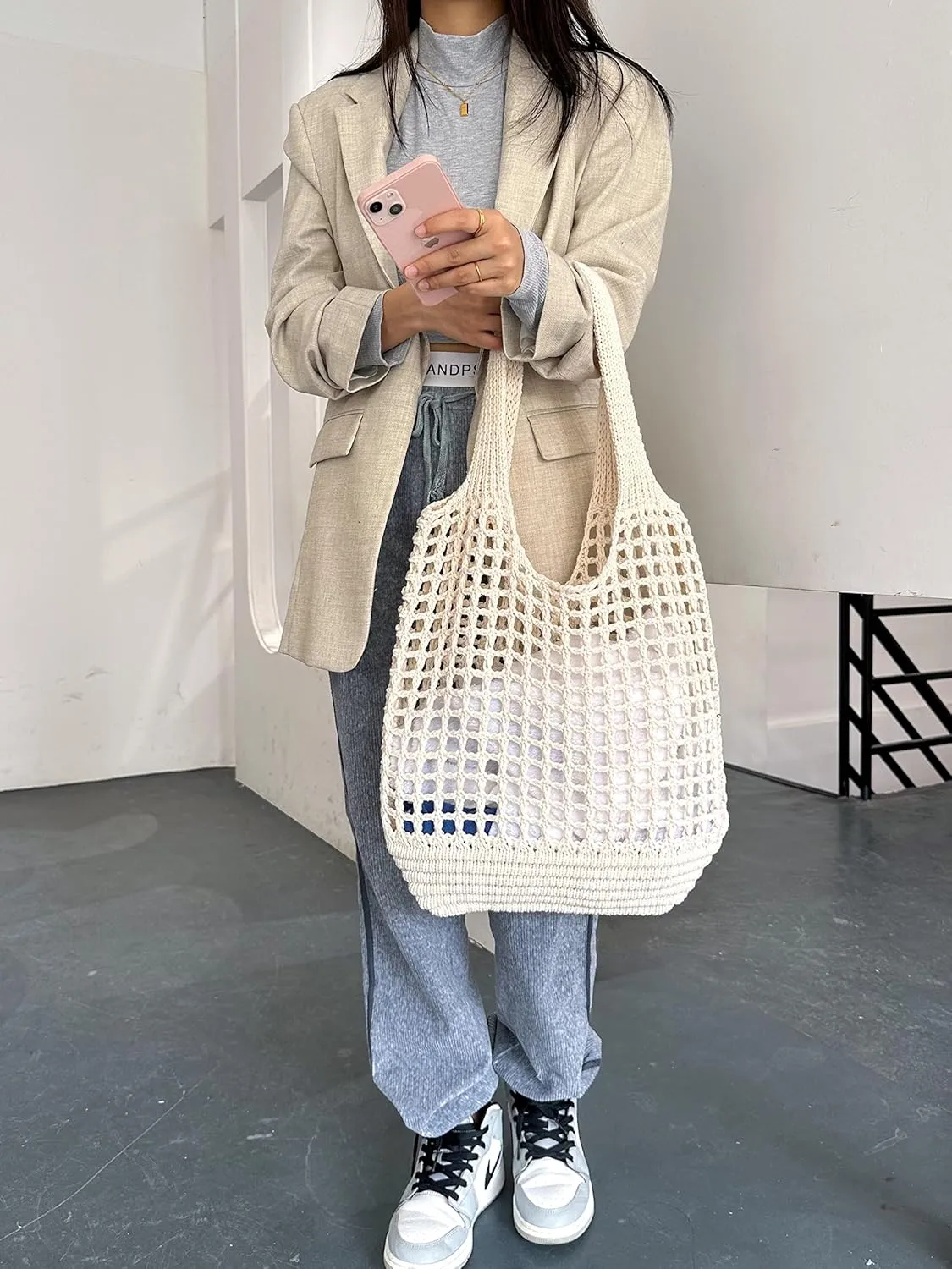 ENBEI Crochet Beach Bag - Women's Knit Shoulder Bags for Travel - Cute, Handmade Tote