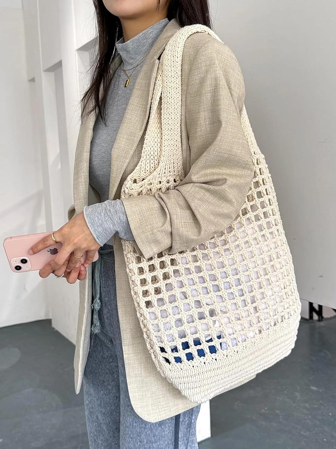 ENBEI Crochet Beach Bag - Women's Knit Shoulder Bags for Travel - Cute, Handmade Tote