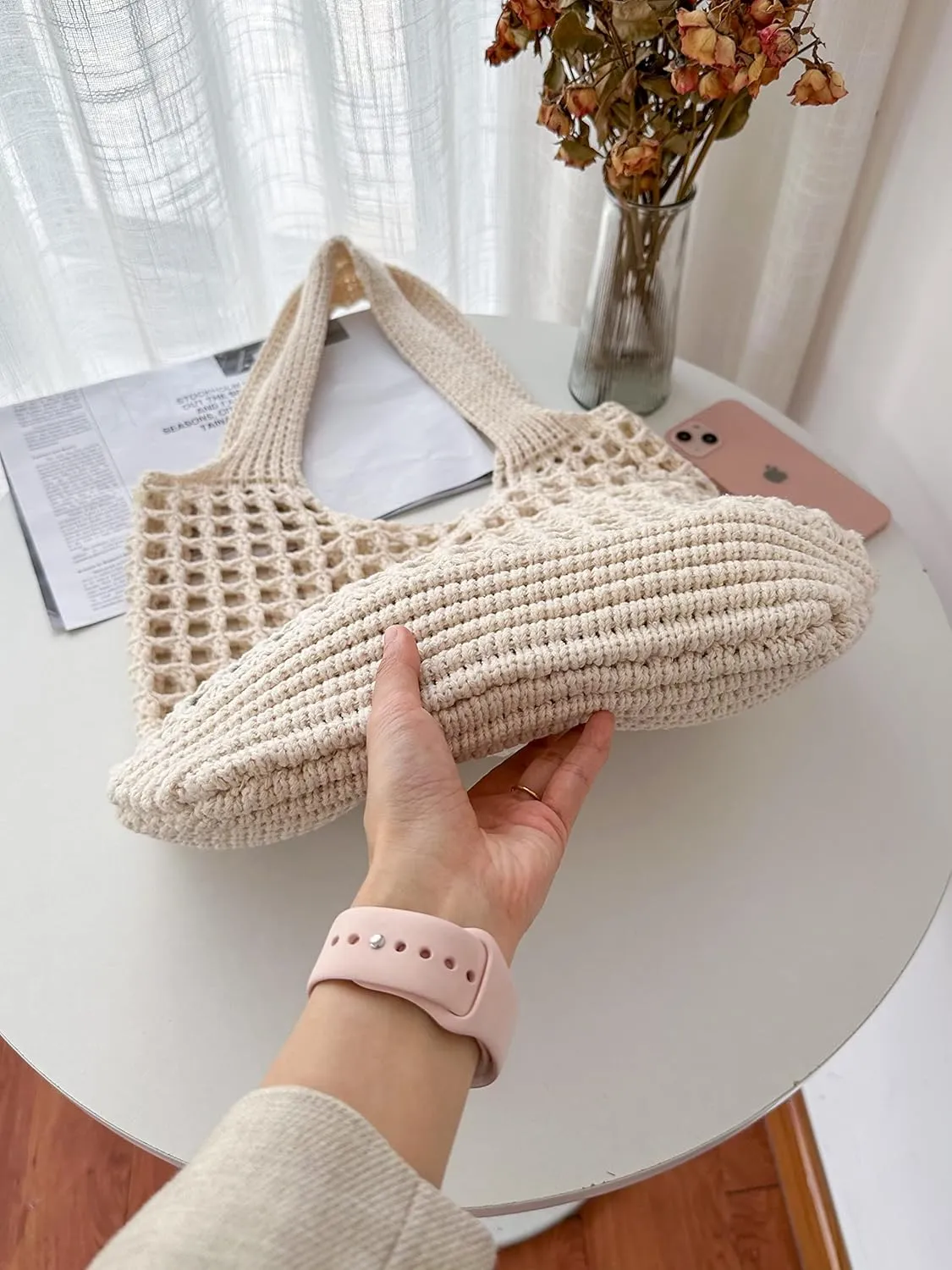 ENBEI Crochet Beach Bag - Women's Knit Shoulder Bags for Travel - Cute, Handmade Tote