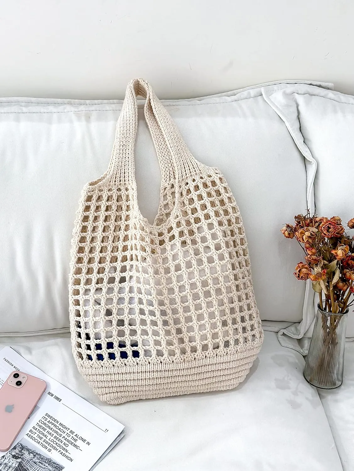 ENBEI Crochet Beach Bag - Women's Knit Shoulder Bags for Travel - Cute, Handmade Tote