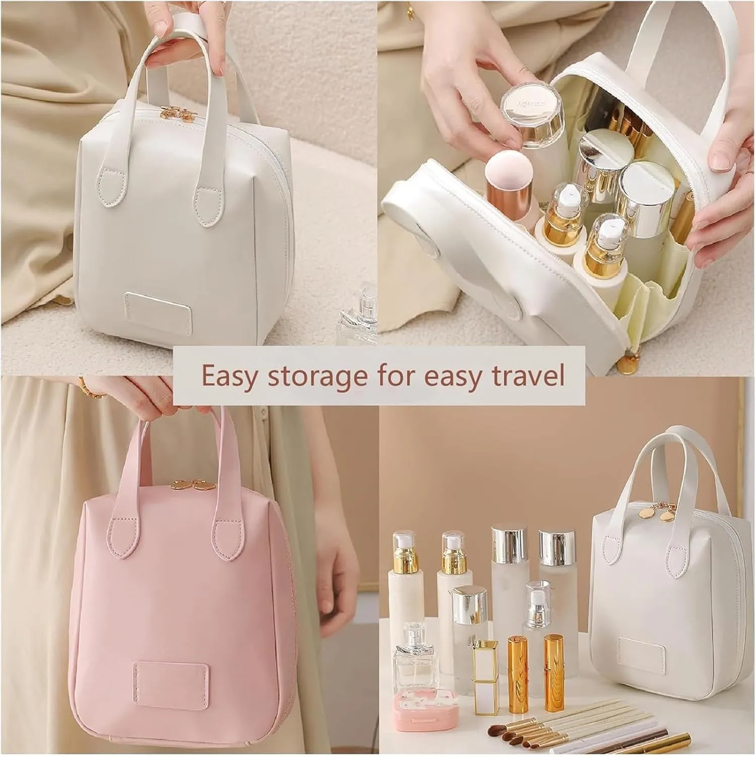 Eretinputc Makeup Bag,2024 New Premium Large Capacity Makeup Bag with Zipper,Multi Compartment Toiletry Bag,Portable Hand-Held PU Leather Waterproof Makeup Bag for Travel (Pink)