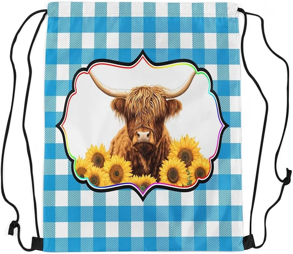 Erosebridal Highland Cow Drawstring Backpack 13X15.7, Yellow Sunflowers Bull Cattle Waterproof Drawstring Bags, Bule White Check Draw String Back Bag, Geometric Stripes Animal String Backpack