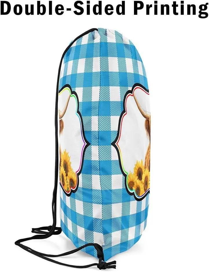 Erosebridal Highland Cow Drawstring Backpack 13X15.7, Yellow Sunflowers Bull Cattle Waterproof Drawstring Bags, Bule White Check Draw String Back Bag, Geometric Stripes Animal String Backpack