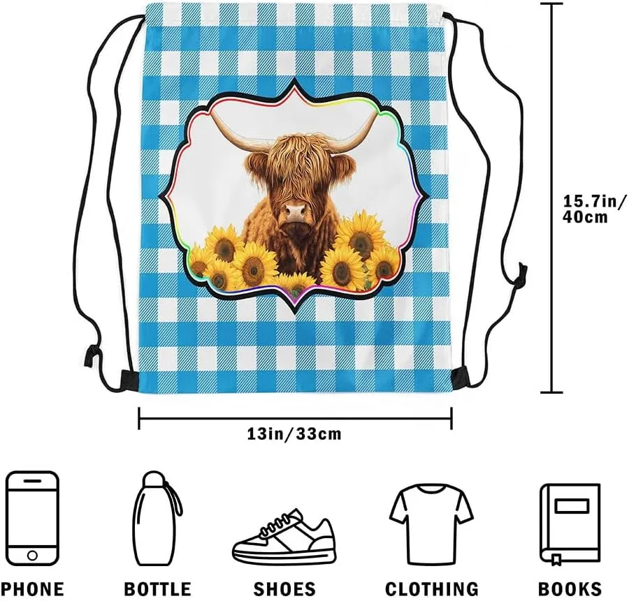 Erosebridal Highland Cow Drawstring Backpack 13X15.7, Yellow Sunflowers Bull Cattle Waterproof Drawstring Bags, Bule White Check Draw String Back Bag, Geometric Stripes Animal String Backpack