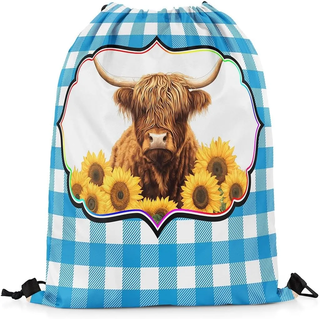 Erosebridal Highland Cow Drawstring Backpack 13X15.7, Yellow Sunflowers Bull Cattle Waterproof Drawstring Bags, Bule White Check Draw String Back Bag, Geometric Stripes Animal String Backpack