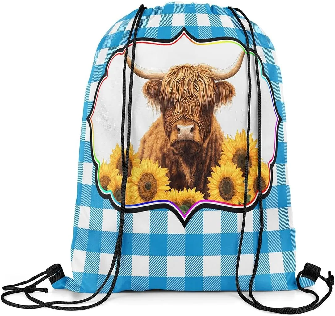 Erosebridal Highland Cow Drawstring Backpack 13X15.7, Yellow Sunflowers Bull Cattle Waterproof Drawstring Bags, Bule White Check Draw String Back Bag, Geometric Stripes Animal String Backpack